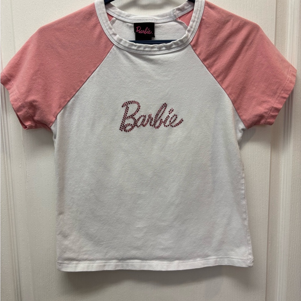 Women’s Size Medium Barbie Pink & White Rhinestone Crop Top